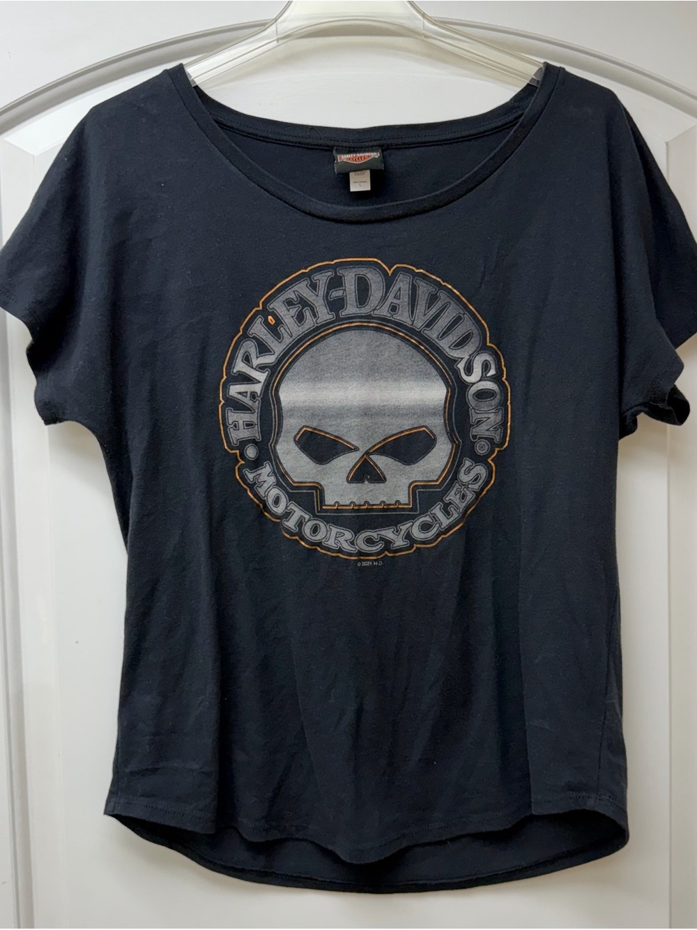 164: Harley-Davidson Black Short Sleeve Tee with Gray and Orange Logo - Large